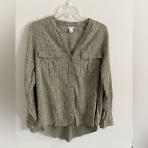 LL Bean Women’s Organic Cotton Crinkle Button zip Shirt Olive Green Size Large
